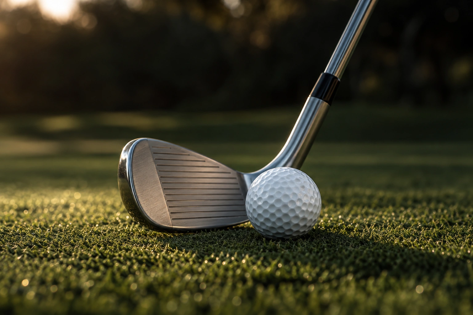 Close-up of an iron and a golf ball on turf